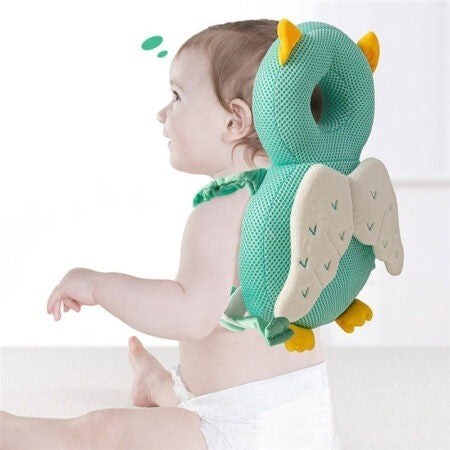 Perna Protectie Cap Bebelusi Tip Rucsac, Tetiera Antireflux din Plus Respirabil, Bretele Ajustabile, Design Bufnita, 33x19x6 cm, Albastru