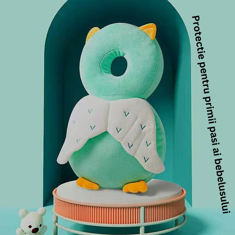 Perna Protectie Cap Bebelusi tip Rucsac, Tetiera Antifurt si Protectie la Cazaturi, Plus Moale cu Umplutura Bumbac, Design Bufnita, 33x6x19 cm, Verde