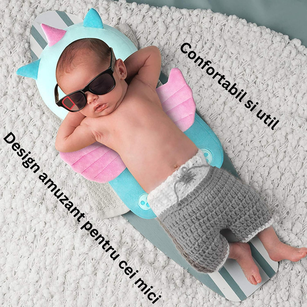 Perna Protectie Cap Bebelusi Tip Rucsac, Tetiera Protectoare Anti-Cadere, Bumbac Elastic si Plasa Respirabila, Model Unicorn, 33x19x6 cm, Albastru