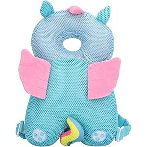 Perna Protectie Cap Bebelusi Tip Rucsac, Tetiera Protectoare Anti-Cadere, Bumbac Elastic si Plasa Respirabila, Model Unicorn, 33x19x6 cm, Albastru