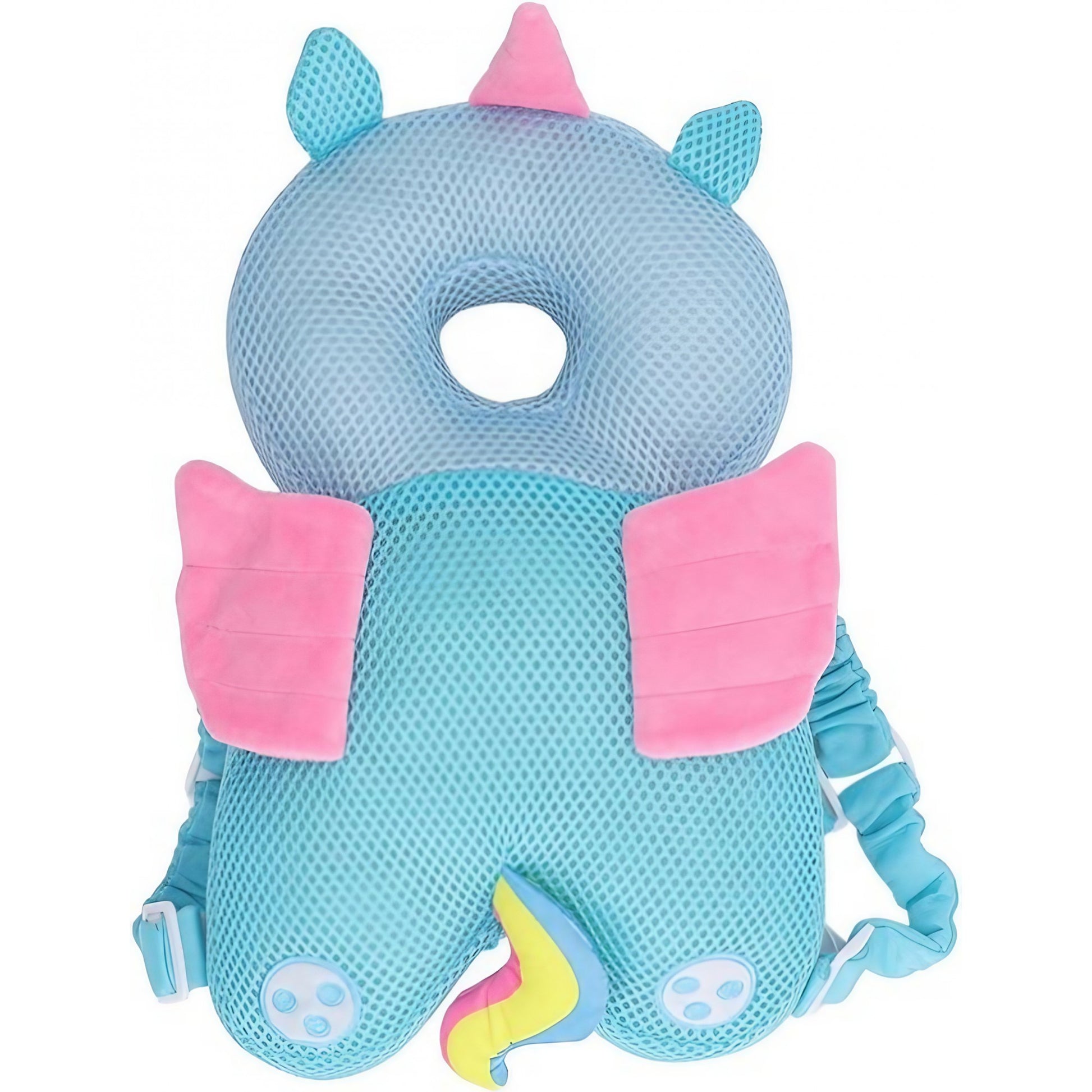 Perna Protectie Cap Bebelusi Tip Rucsac, Tetiera Protectoare Anti-Cadere, Bumbac Elastic si Plasa Respirabila, Model Unicorn, 33x19x6 cm, Albastru
