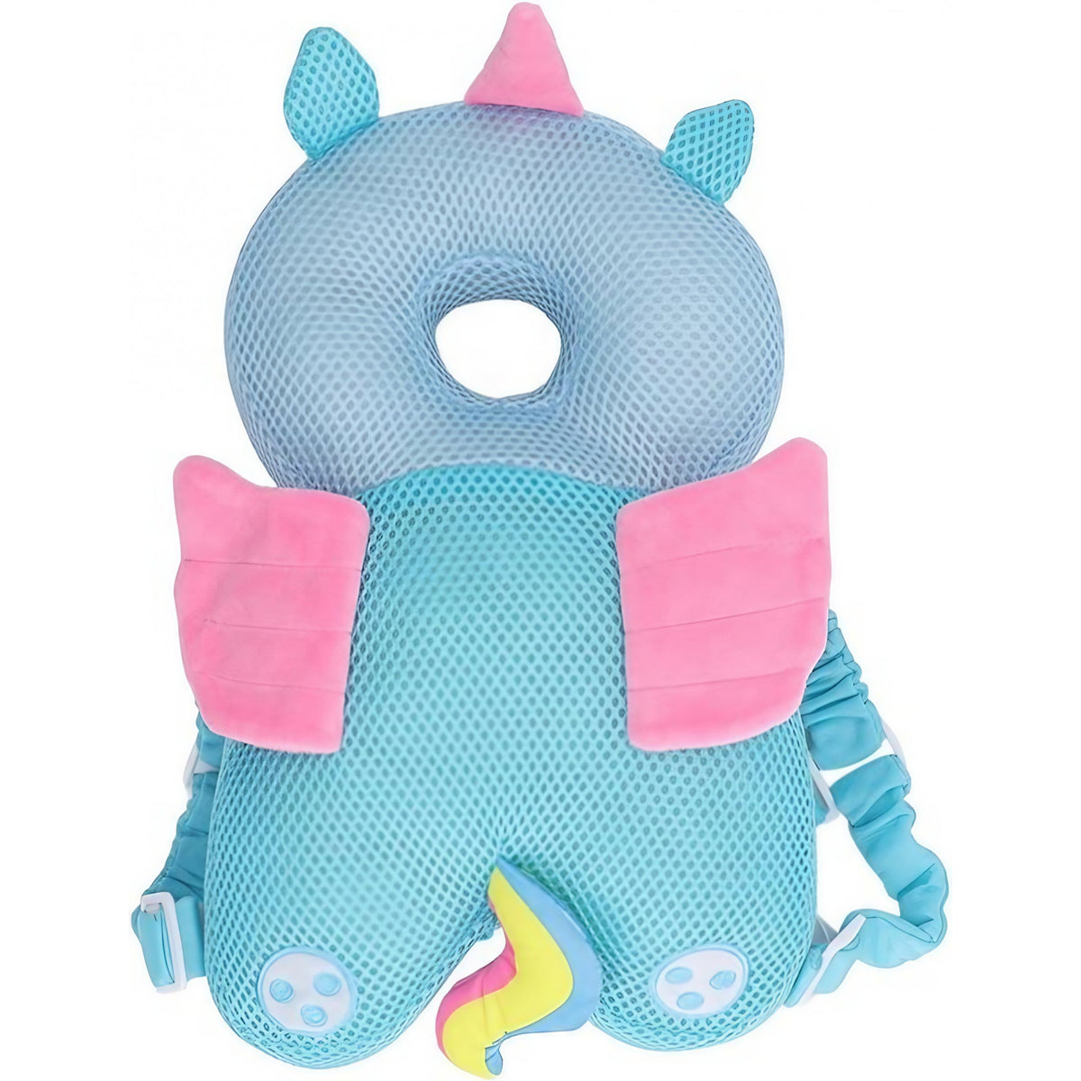 Perna Protectie Cap Bebelusi Tip Rucsac, Tetiera Protectoare Anti-Cadere, Bumbac Elastic si Plasa Respirabila, Model Unicorn, 33x19x6 cm, Albastru
