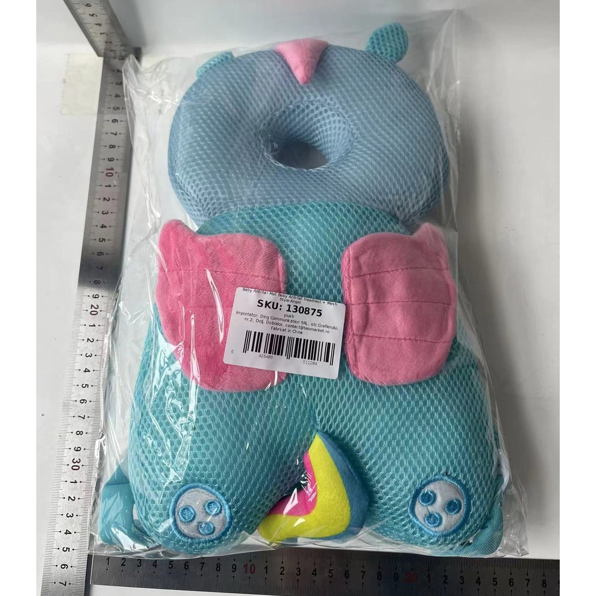 Perna Protectie Cap Bebelusi Tip Rucsac, Tetiera Protectoare Anti-Cadere, Bumbac Elastic si Plasa Respirabila, Model Unicorn, 33x19x6 cm, Albastru