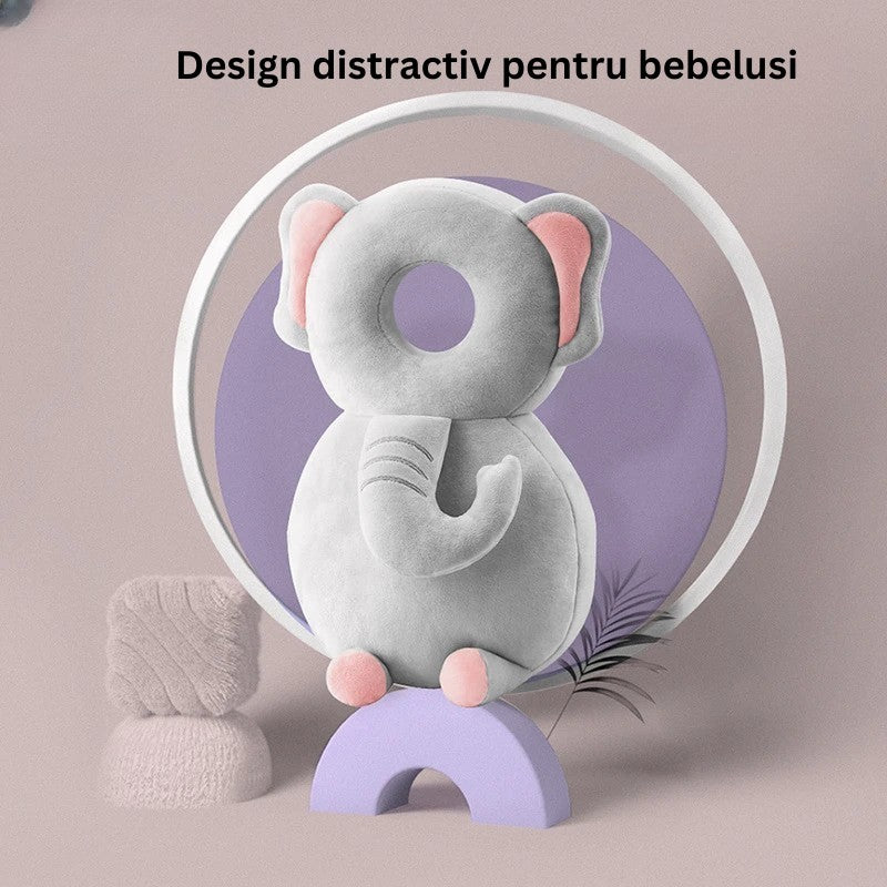 Perna Protectie Cap Bebelusi Tip Rucsac, Tetiera Antireflux din Plus cu Bretele Ajustabile, Design Elefant, Bumbac PP, 33x6x19 cm, Gri