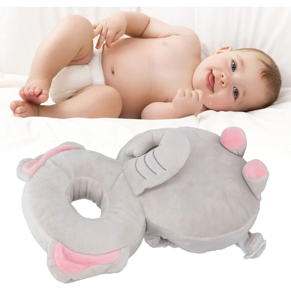 Perna Protectie Cap Bebelusi Tip Rucsac, Tetiera Antireflux din Plus cu Bretele Ajustabile, Design Elefant, Bumbac PP, 33x6x19 cm, Gri