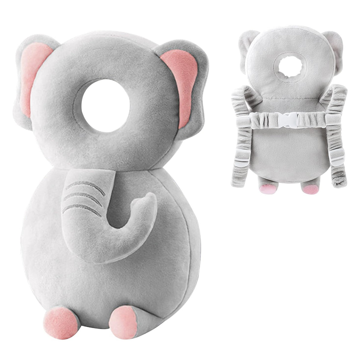 Perna Protectie Cap Bebelusi Tip Rucsac, Tetiera Antireflux din Plus cu Bretele Ajustabile, Design Elefant, Bumbac PP, 33x6x19 cm, Gri