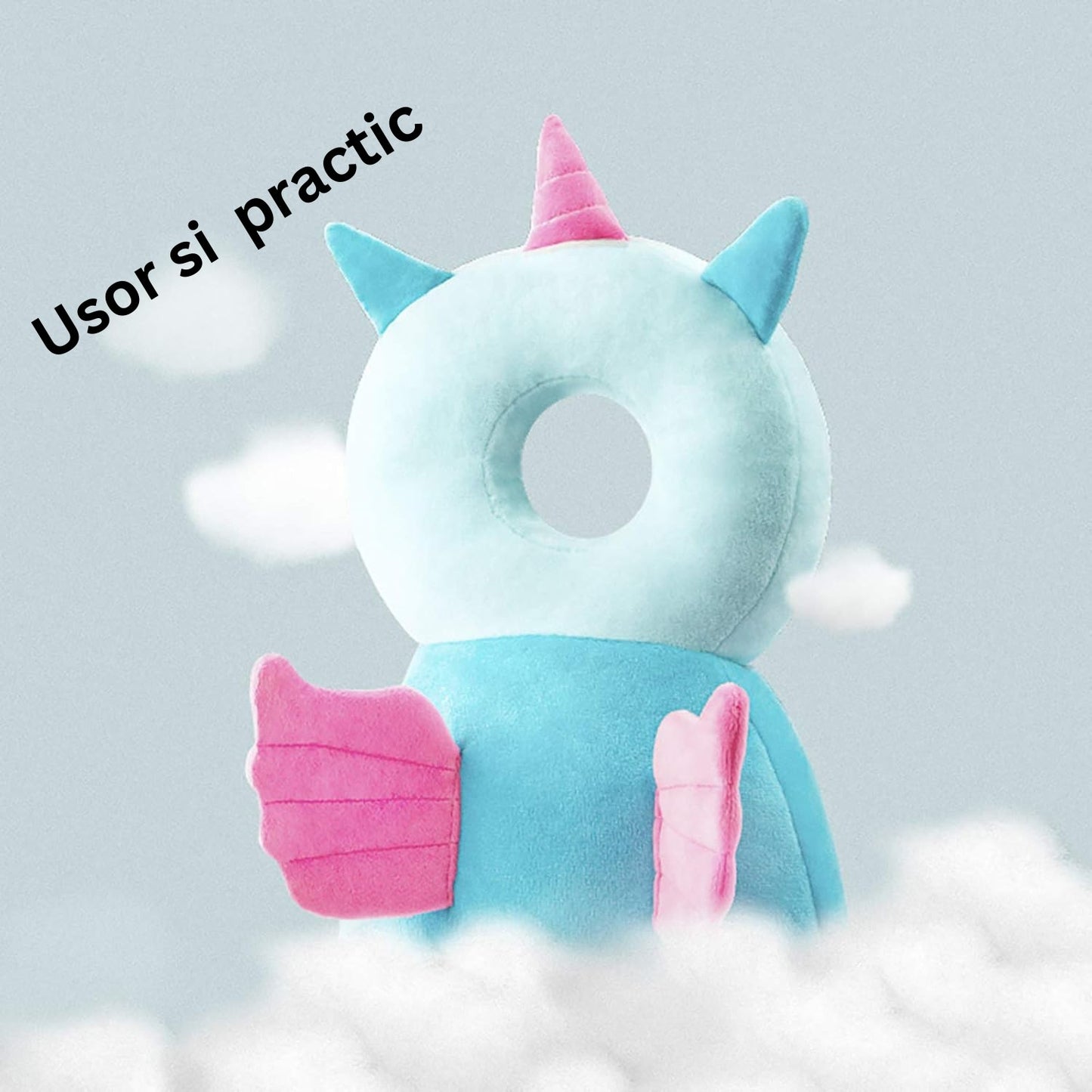 Perna Protectie Cap Bebelusi Tip Rucsac, Tetiera Antifurtune pentru Mers, Design Unicorn din Plus Moale, Bretele Ajustabile, 33x19x6 cm, Albastru