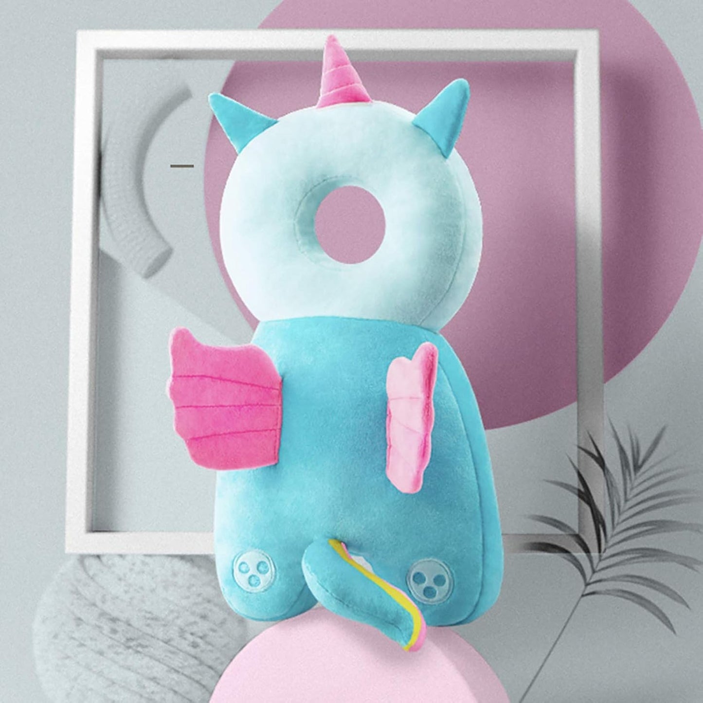 Perna Protectie Cap Bebelusi Tip Rucsac, Tetiera Antifurtune pentru Mers, Design Unicorn din Plus Moale, Bretele Ajustabile, 33x19x6 cm, Albastru