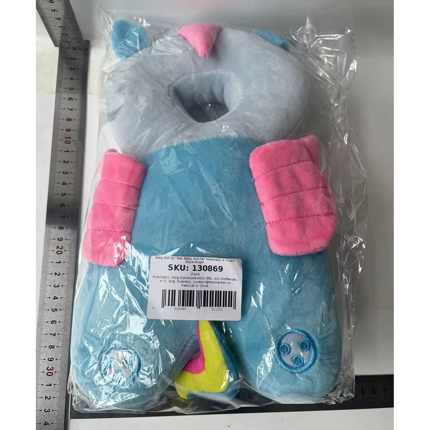 Perna Protectie Cap Bebelusi Tip Rucsac, Tetiera Antifurtune pentru Mers, Design Unicorn din Plus Moale, Bretele Ajustabile, 33x19x6 cm, Albastru