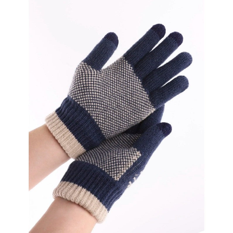 Manusi Barbati Touchscreen, Model Fulg de Nea, Tricotate din Acril cu Interior Catifelat si Manseta Elastica, Anti-alunecare, Marime Universala, Albastru Marin