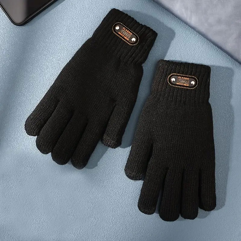 Manusi de Barbat, Model Tricotat cu Functie Touchscreen, Interior Catifelat si Manseta Elastica, Acril, Marime Universala, Negru