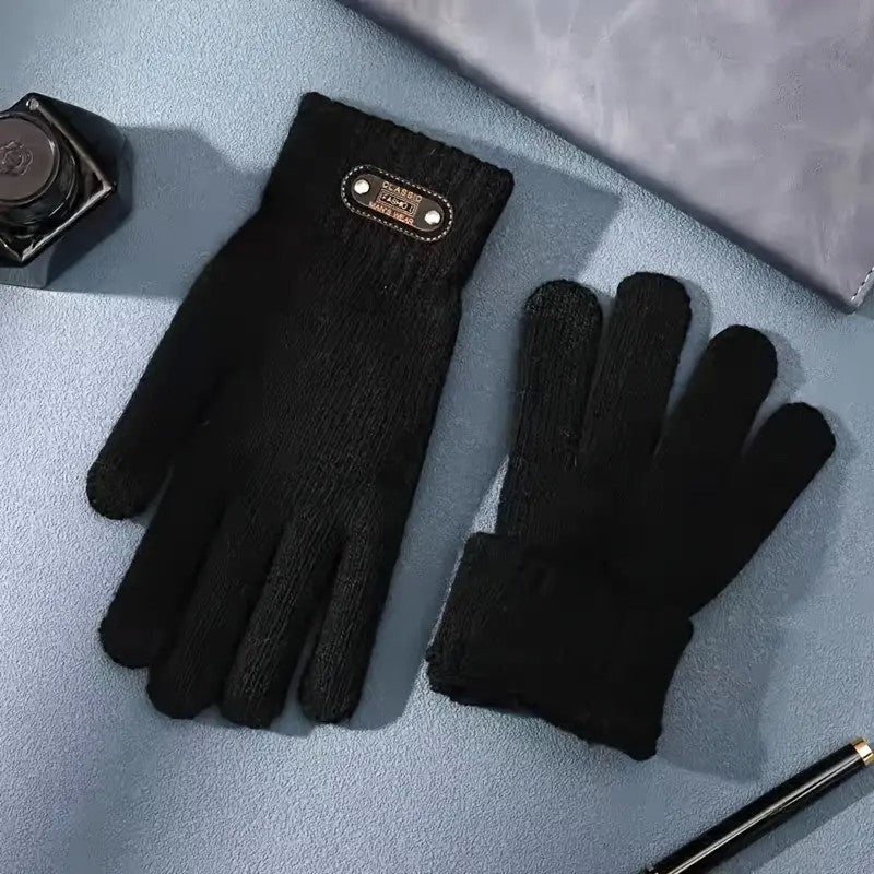 Manusi de Barbat, Model Tricotat cu Functie Touchscreen, Interior Catifelat si Manseta Elastica, Acril, Marime Universala, Negru