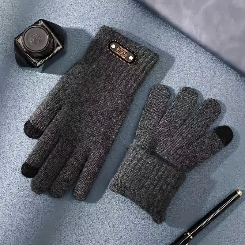 Mănuși Bărbați cu Funcție Touchscreen, Model Tricotat, Material Acril, Interior Catifelat, Manșetă Elastică, Mărime Universală, Gri