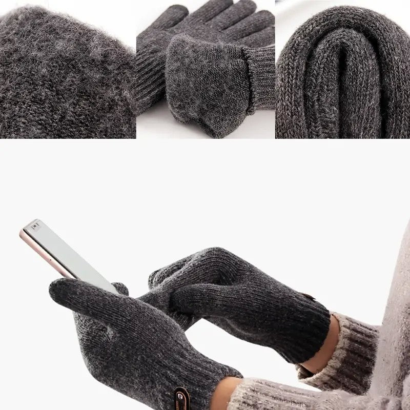 Mănuși Bărbați cu Funcție Touchscreen, Model Tricotat, Material Acril, Interior Catifelat, Manșetă Elastică, Mărime Universală, Gri