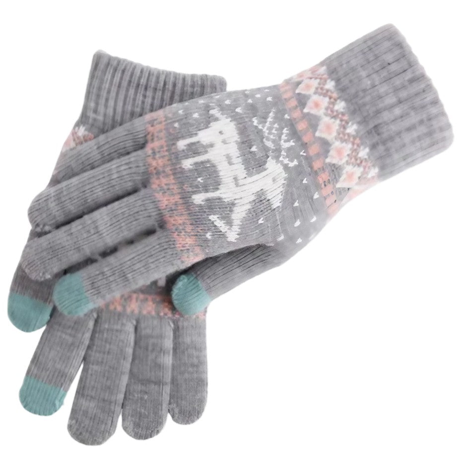 Manusi Dama Touchscreen, Model Ren cu Interior Catifelat, Acril Tricotat, Manseta Elastica, Marime Universala, Gri