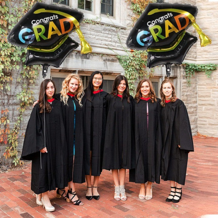 Balon Figurina din Folie Metalizata, Model Toca Congrats Grad, Tematica Absolvire, Umflare Aer sau Heliu, Include Pai, 66x66 cm, Negru