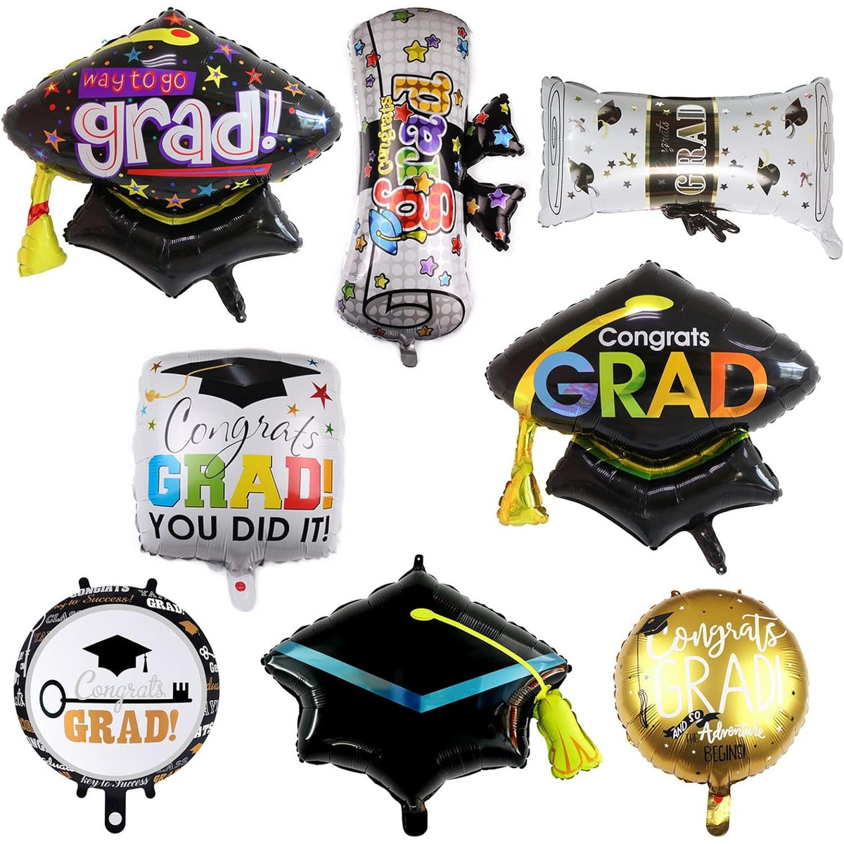 Balon Figurina din Folie Metalizata, Model Toca Congrats Grad, Tematica Absolvire, Umflare Aer sau Heliu, Include Pai, 66x66 cm, Negru