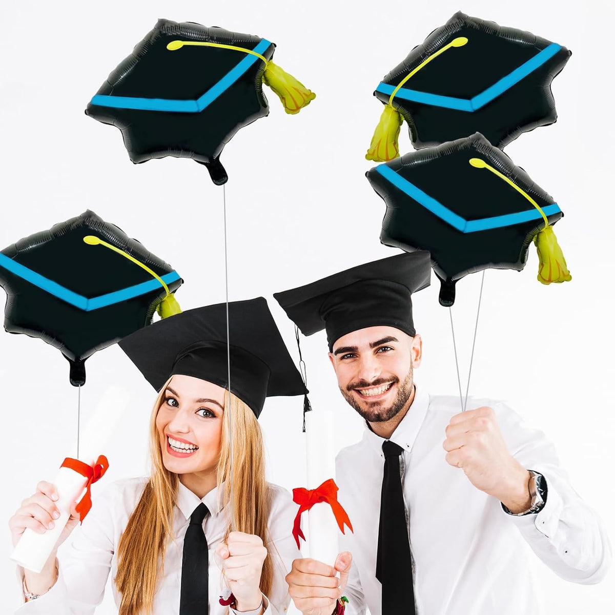 Balon Figurina din Folie Metalizata, Model Toca Congrats Grad, Tematica Absolvire, Umflare Aer sau Heliu, include Pai, Negru si Albastru, 56x70 cm