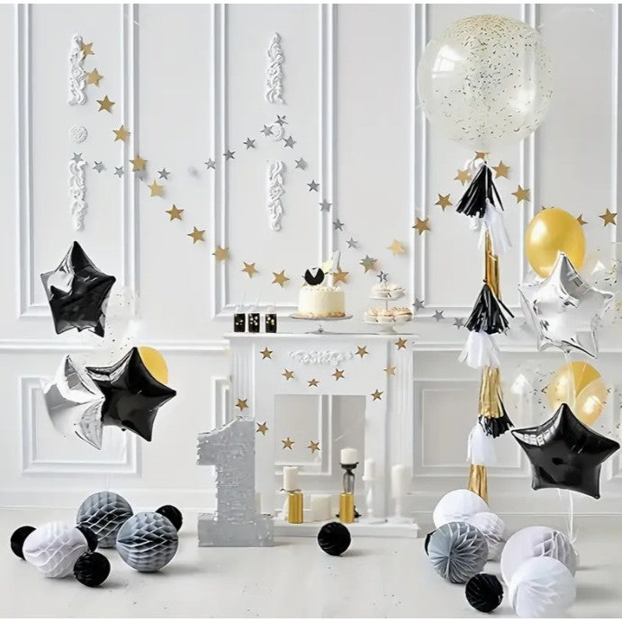Balon din Folie Metalizata in Forma de Stea, Figurina Aniversara, Material Rezistent, Umflare Aer sau Heliu, Pai Inclus, 40 cm, Negru