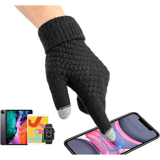 Manusi de Dama pentru Iarna, Functie Touchscreen si Ecran Tactil, Interior Catifelat Dublu Ingrosat, Acril Tricotat, Manseta Elastica, Marime Universala, Negru