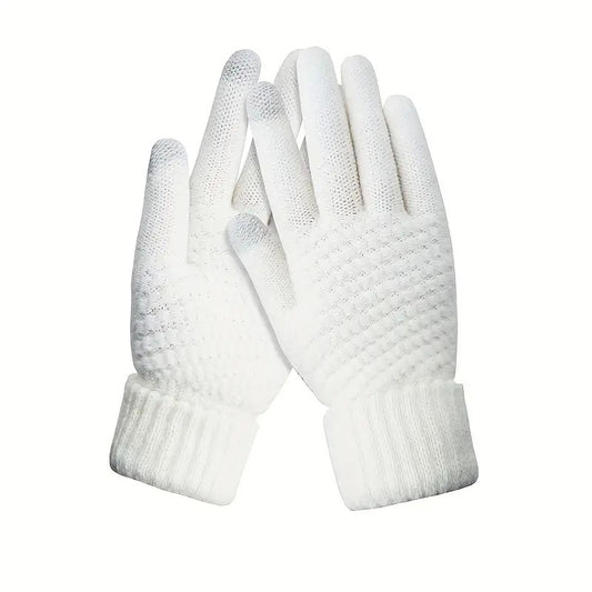 Manusi Dama de Iarna, Functie Touchscreen pentru Ecran Tactil, Interior Catifelat si Calduros, Material Acril Tricotat, Manseta Elastica, Marime Universala, Alb