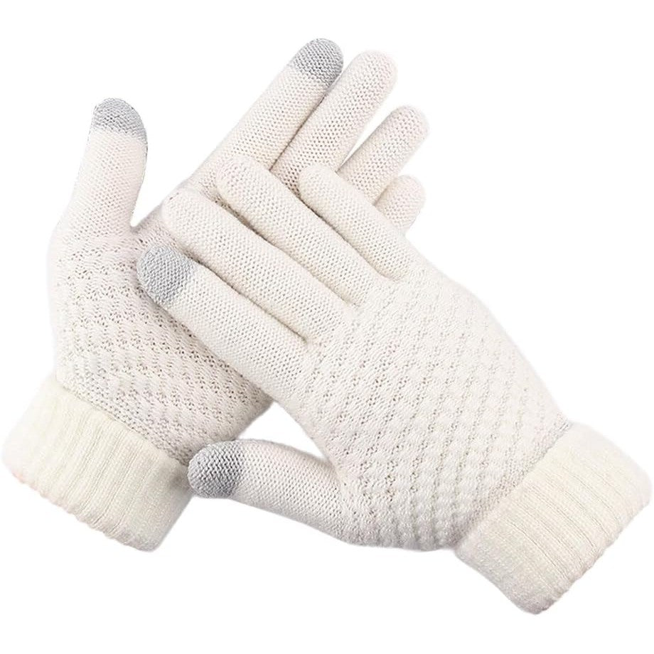 Manusi Dama de Iarna, Functie Touchscreen pentru Ecran Tactil, Interior Catifelat si Calduros, Material Acril Tricotat, Manseta Elastica, Marime Universala, Alb