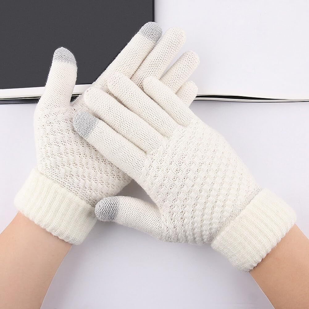 Manusi Dama de Iarna, Functie Touchscreen pentru Ecran Tactil, Interior Catifelat si Calduros, Material Acril Tricotat, Manseta Elastica, Marime Universala, Alb