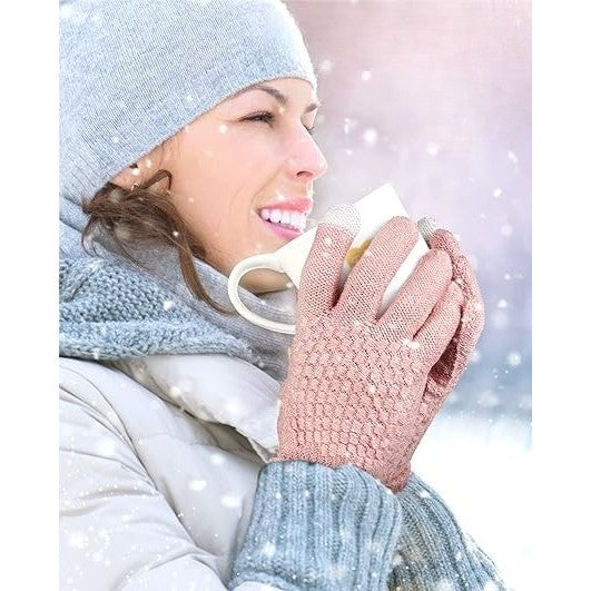 Manusi Dama Iarna cu Functie Touchscreen, Material Acril Tricotat, Interior Catifelat si Calduros, Manseta Elastica, Marime Universala, Roz