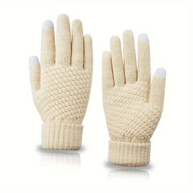 Manusi Dama de Iarna, Functie Touchscreen pentru Ecran Tactil, Interior Catifelat si Calduros, Acril Tricotat, Marime Universala, Bej