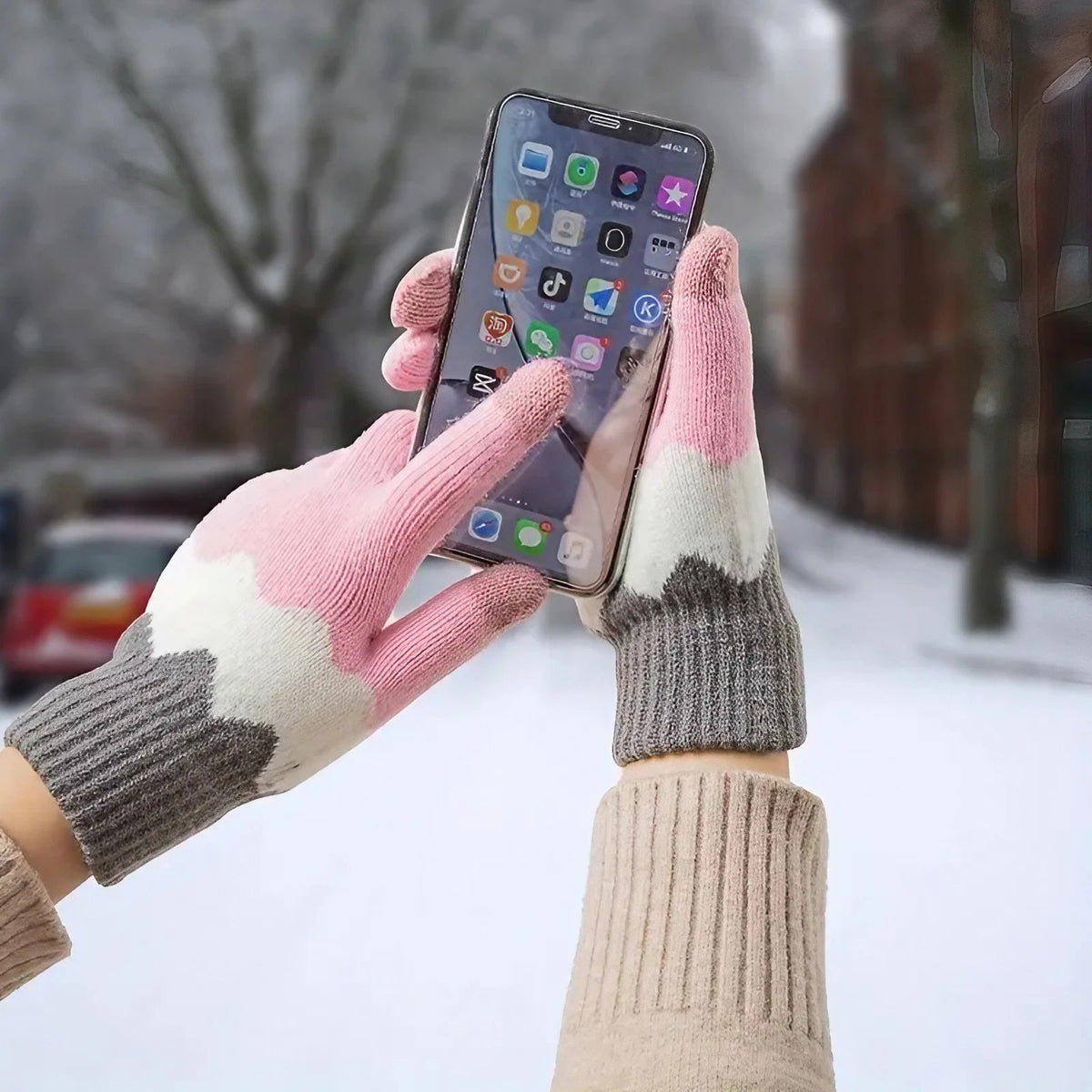 Manusi Dama Iarna cu Functie Touchscreen, Model Ondulat Anti-Alunecare, Interior Catifelat Dublu Ingrosat, Acril Tricotat, Marime Universala, Roz/Gri
