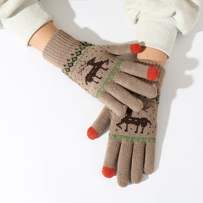 Manusi de Dama cu Functie Touchscreen, Model de Iarna cu Ren, Acril Tricotat, Interior Catifelat si Manseta Elastica, Marime Universala, Kaki