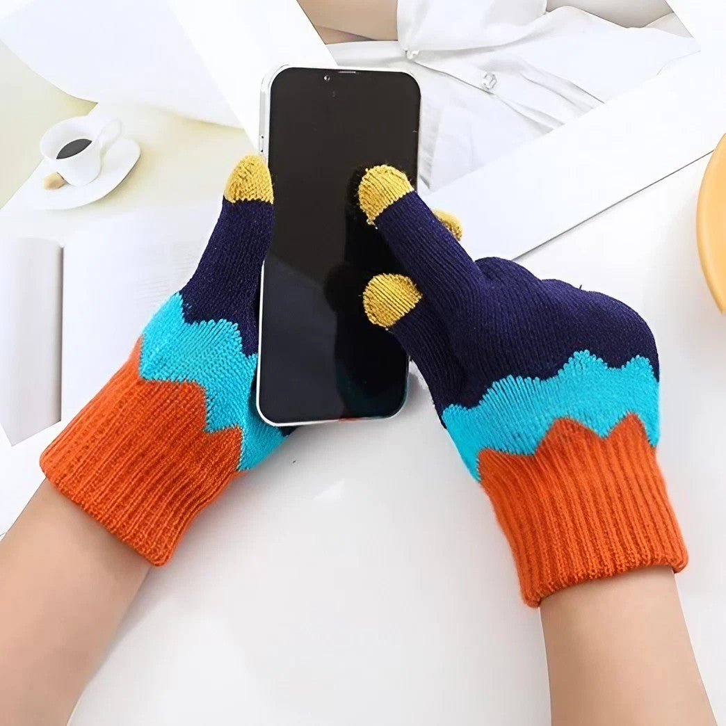Manusi Dama cu Functie Touchscreen, Model Ondulat Tricotat, Interior Catifelat si Calduros, Manseta Elastica, Acril, Marime Universala, Portocaliu/Albastru