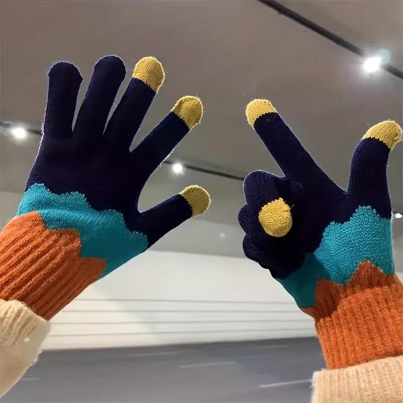 Manusi Dama cu Functie Touchscreen, Model Ondulat Tricotat, Interior Catifelat si Calduros, Manseta Elastica, Acril, Marime Universala, Portocaliu/Albastru