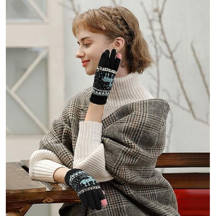 Manusi Dama Touchscreen, Model Ren, Interior Catifelat si Manseta Elastica, Acril Tricotat, Marime Universala, Negru