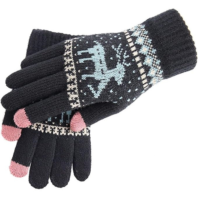 Manusi Dama Touchscreen, Model Ren, Interior Catifelat si Manseta Elastica, Acril Tricotat, Marime Universala, Negru