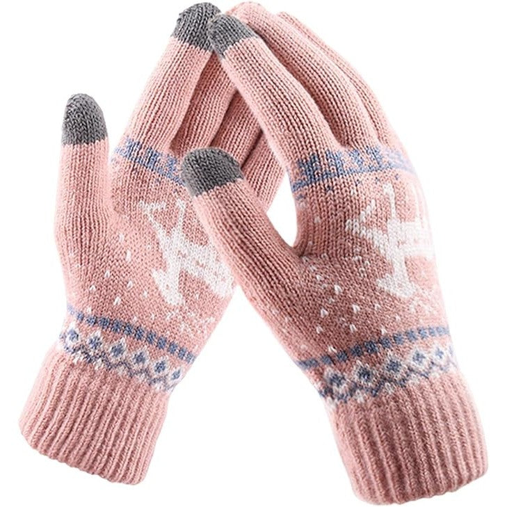 Manusi de Dama, Functie Touchscreen pentru Ecran Tactil, Model Ren cu Interior Catifelat, Acril Tricotat, Manseta Elastica, Marime Universala, Roz