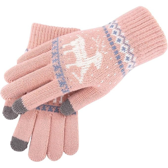 Manusi de Dama, Functie Touchscreen pentru Ecran Tactil, Model Ren cu Interior Catifelat, Acril Tricotat, Manseta Elastica, Marime Universala, Roz