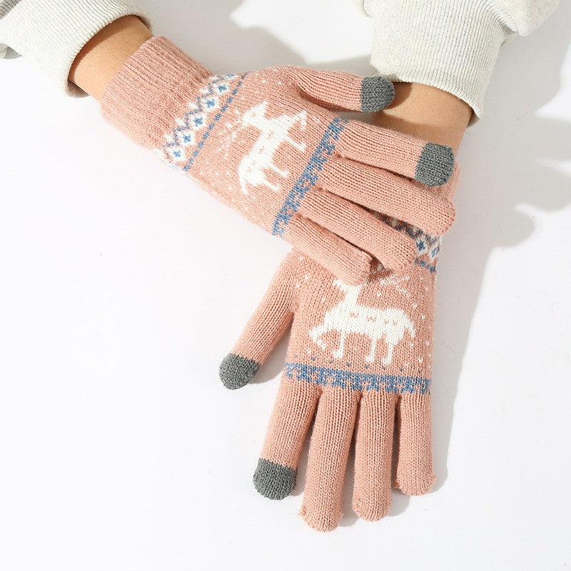 Manusi de Dama, Functie Touchscreen pentru Ecran Tactil, Model Ren cu Interior Catifelat, Acril Tricotat, Manseta Elastica, Marime Universala, Roz
