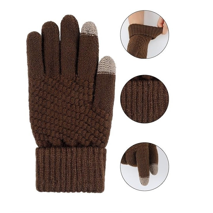 Manusi de Dama, Functie Touchscreen, Interior Catifelat si Calduros, Acril Tricotat, Manseta Elastica Anti-alunecare, Marime Universala, Maro