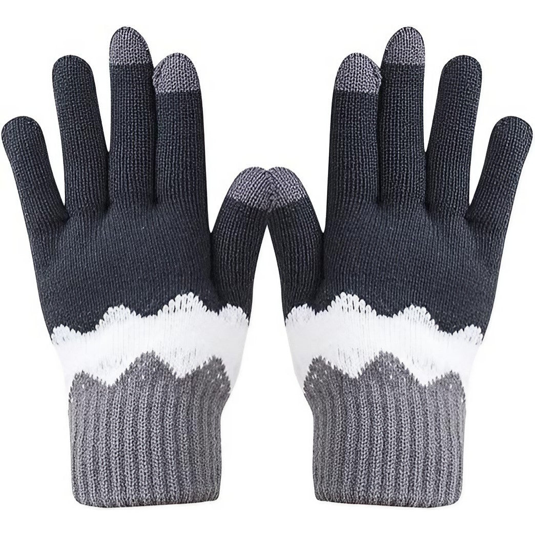 Manusi Dama cu Functie Touchscreen, Model Tricotat Ondulat, Acril Dublu Ingrosat si Interior Catifelat, Manseta Elastica, Marime Universala, Gri/Alb