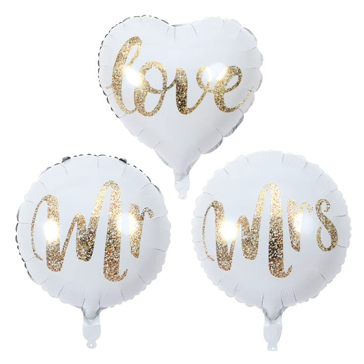 Balon Figurina MRS pentru Nunta, Balon Rotund din Folie Metalizata, Decoratiune Evenimente, Umflare Aer sau Heliu, Pai Inclus, 45 cm, Alb
