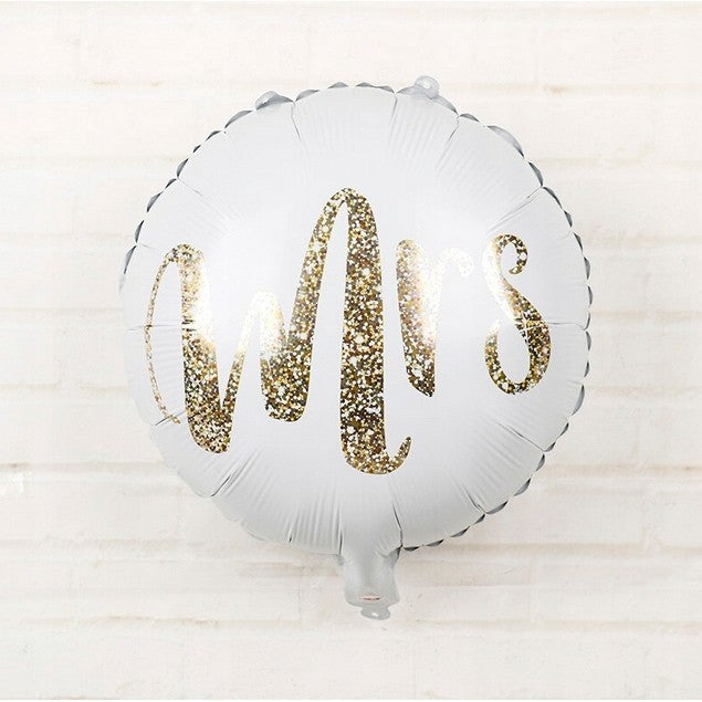 Balon Figurina MRS pentru Nunta, Balon Rotund din Folie Metalizata, Decoratiune Evenimente, Umflare Aer sau Heliu, Pai Inclus, 45 cm, Alb