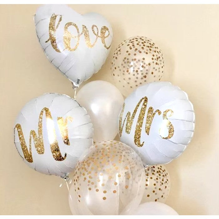 Balon Folie Metalizata Nunta, Figurina Rotunda Model MR, Umflare Aer sau Heliu, Pai Inclus, 45 cm, Alb