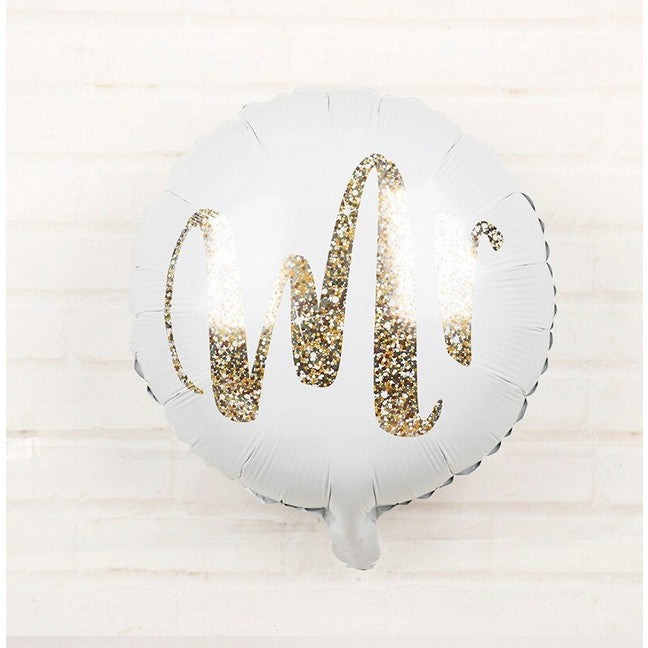 Balon Folie Metalizata Nunta, Figurina Rotunda Model MR, Umflare Aer sau Heliu, Pai Inclus, 45 cm, Alb