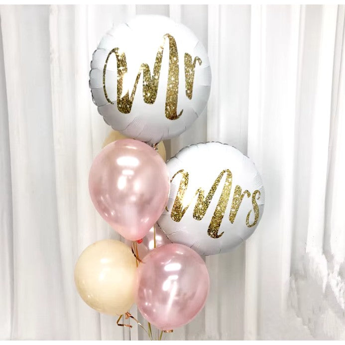 Balon Folie Metalizata Nunta, Figurina Rotunda Model MR, Umflare Aer sau Heliu, Pai Inclus, 45 cm, Alb