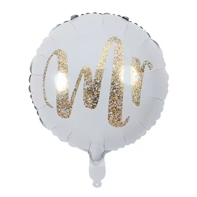 Balon Folie Metalizata Nunta, Figurina Rotunda Model MR, Umflare Aer sau Heliu, Pai Inclus, 45 cm, Alb