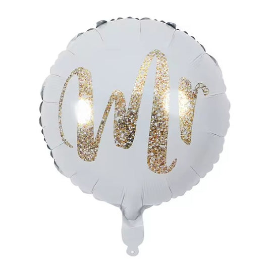 Balon Folie Metalizata Nunta, Figurina Rotunda Model MR, Umflare Aer sau Heliu, Pai Inclus, 45 cm, Alb