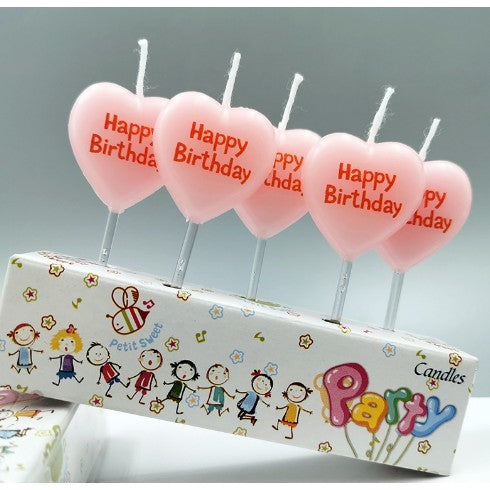 Set 5 Lumanari de Tort, Model Inima cu Text Happy Birthday, Parafina, Multicolor, 2.5 x 2.5 cm