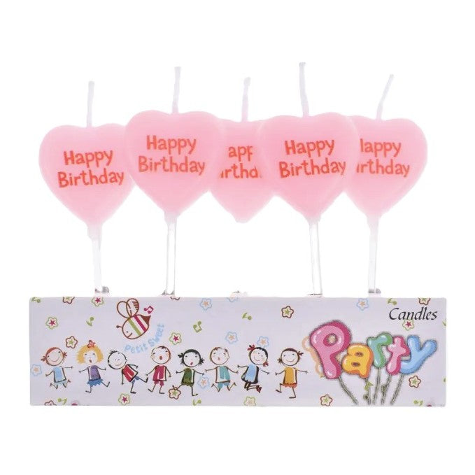Set 5 Lumanari de Tort, Model Inima cu Text Happy Birthday, Parafina, Multicolor, 2.5 x 2.5 cm