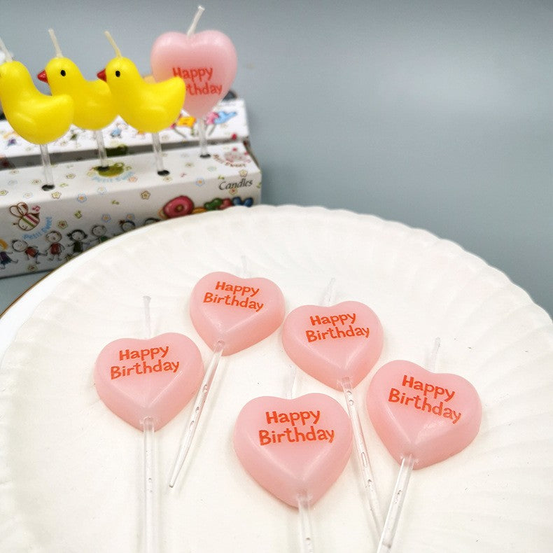 Set 5 Lumanari de Tort, Model Inima cu Text Happy Birthday, Parafina, Multicolor, 2.5 x 2.5 cm